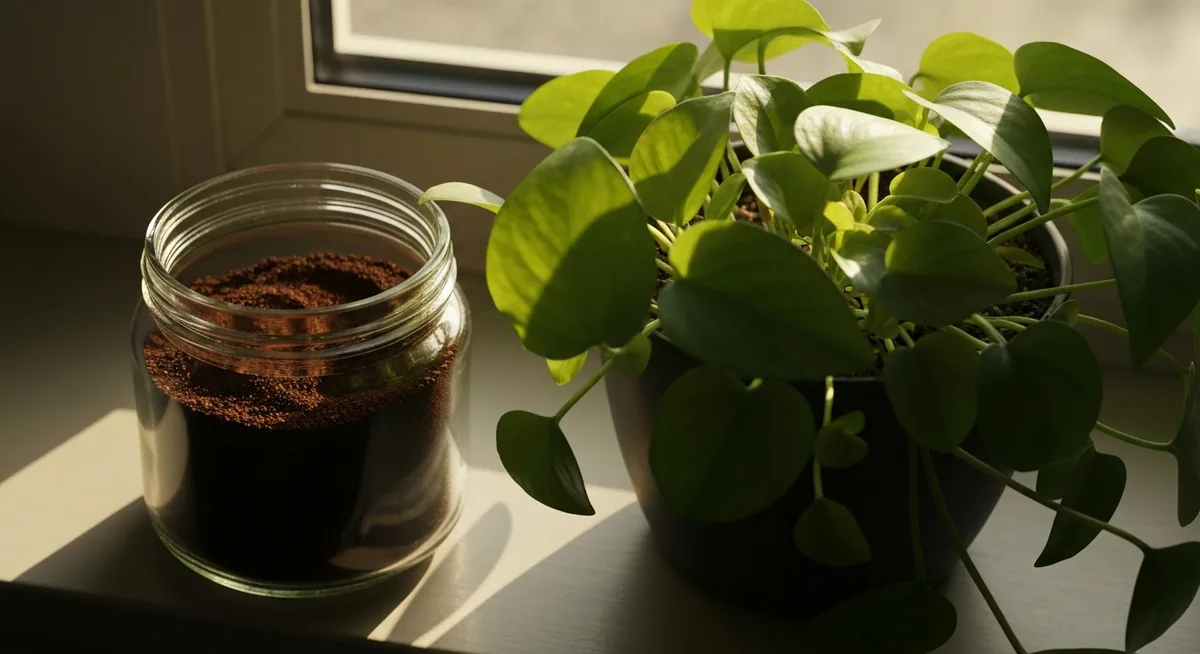 Pote de vidro com borra de café seca ao lado de planta na janela