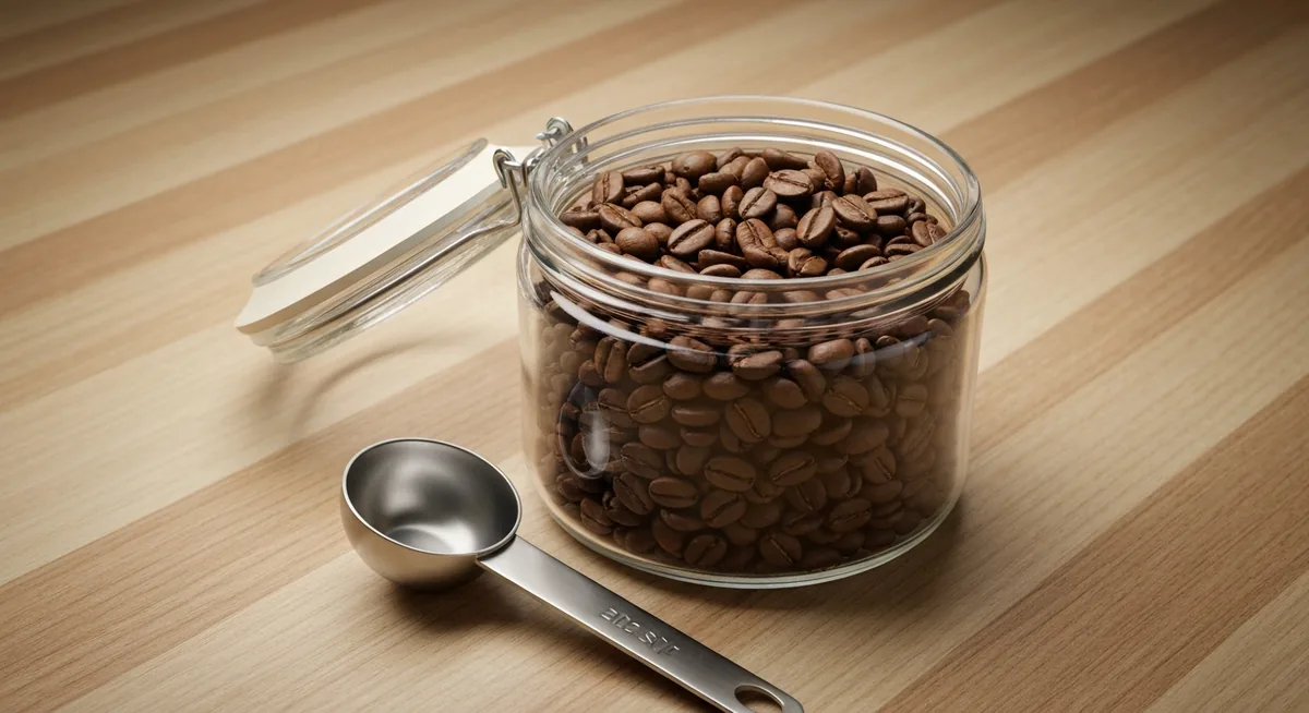 Pote de vidro com grãos de café e colher dosadora