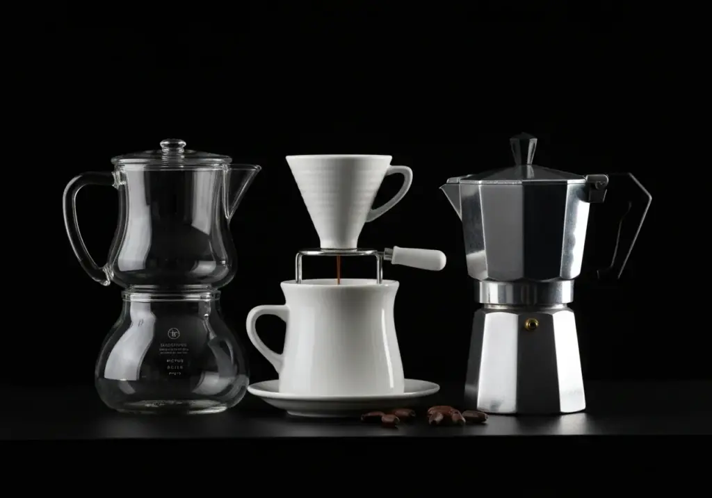 Prensa francesa, coador e cafeteira italiana enfileirados em bancada de madeira