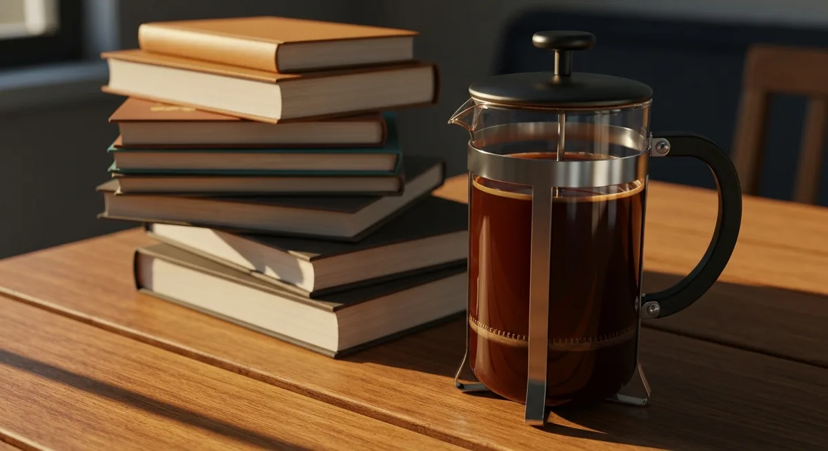 Prensa francesa cheia de café ao lado de uma pilha de livros