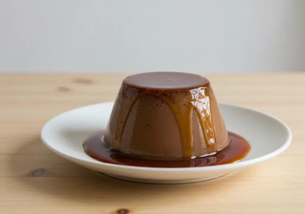 Pudim de café marrom desenformado em prato branco com calda de caramelo escorrendo