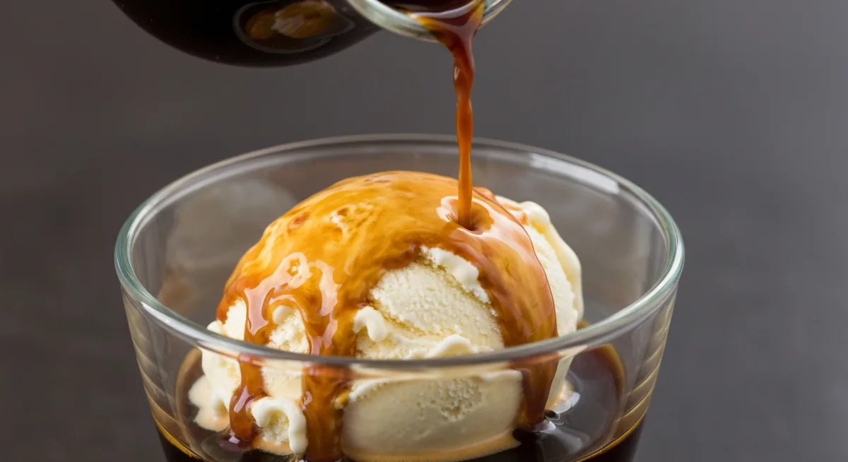 Affogato: café espresso derramando sobre bola de sorvete