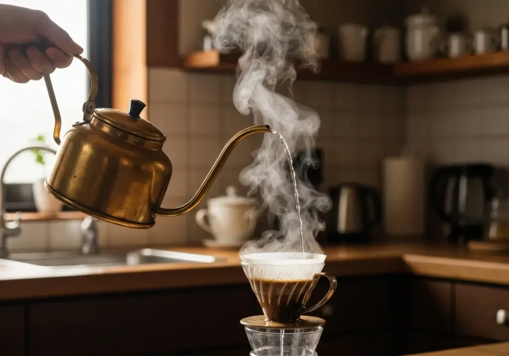 Chaleira de bico fino despejando água sobre um coador de café