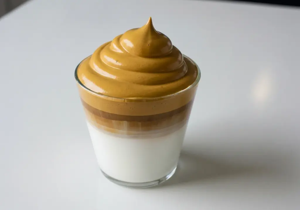 Copo de café dalgona com creme batido dourado sobre leite