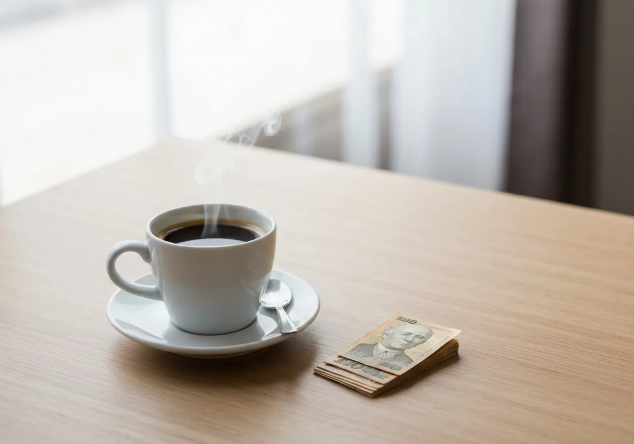 Xícara de café ao lado de dinheiro sobre a mesa