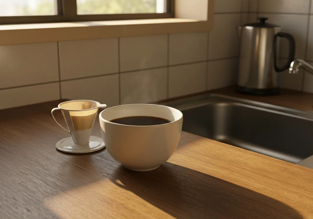 Xícara de café coado numa cozinha doméstica, luz da manhã