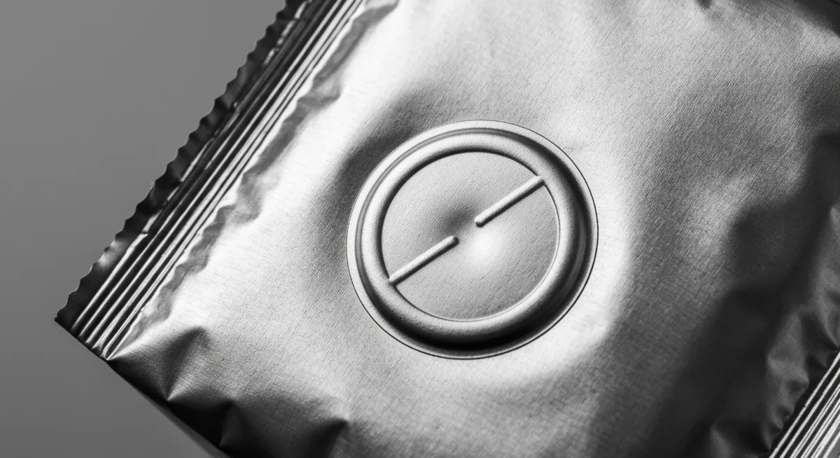 Close de uma válvula desgaseificadora num pacote de café