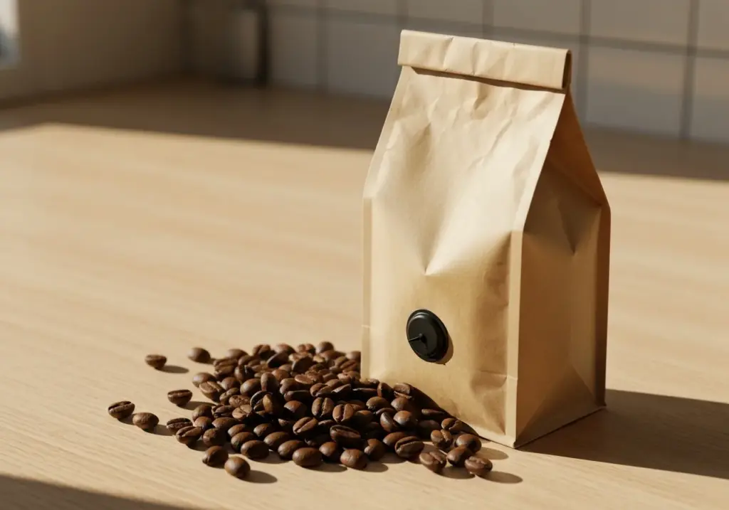 Pacote de café kraft com válvula ao lado de grãos torrados numa bancada