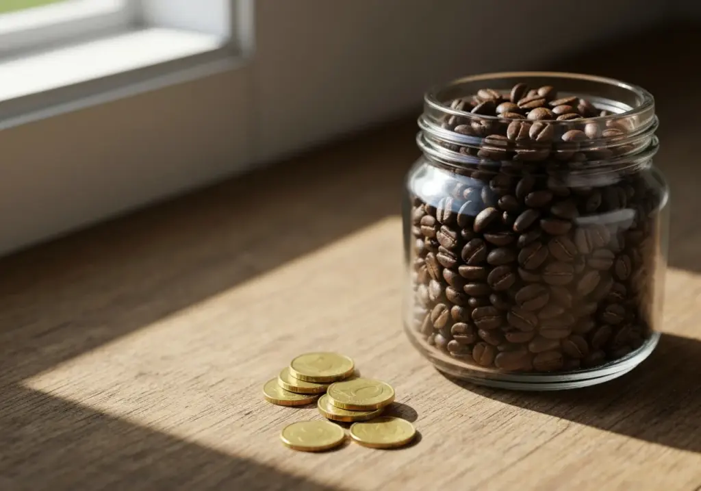 Pote de vidro com grãos de café ao lado de moedas