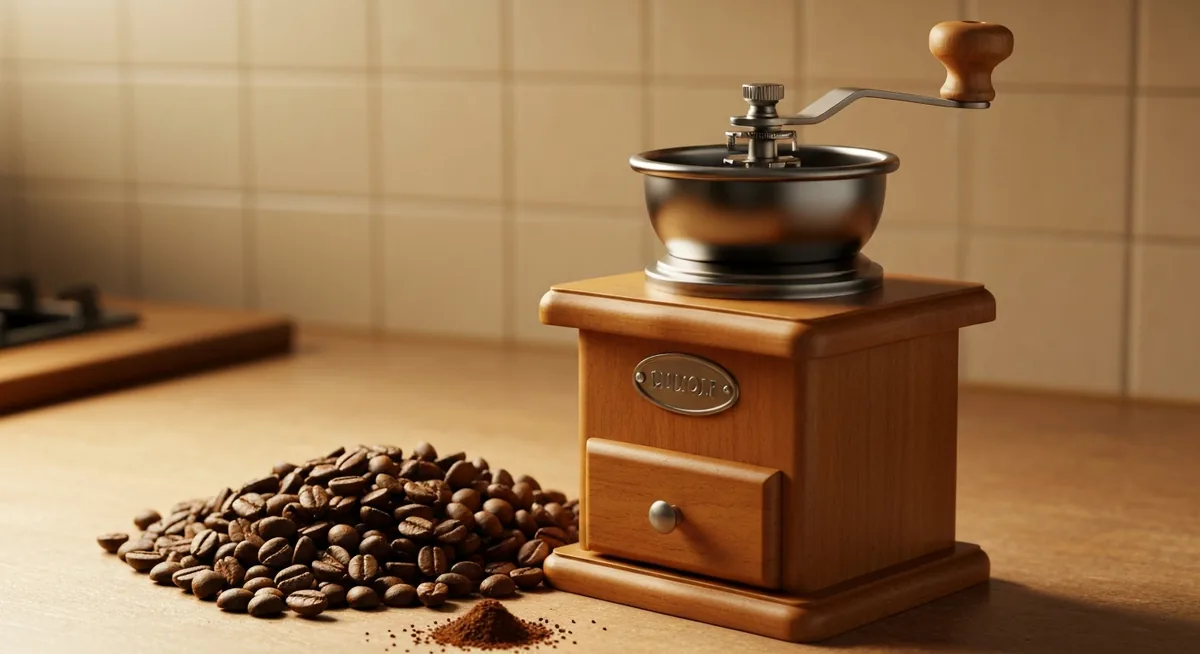 Moedor manual de café com grãos torrados ao lado