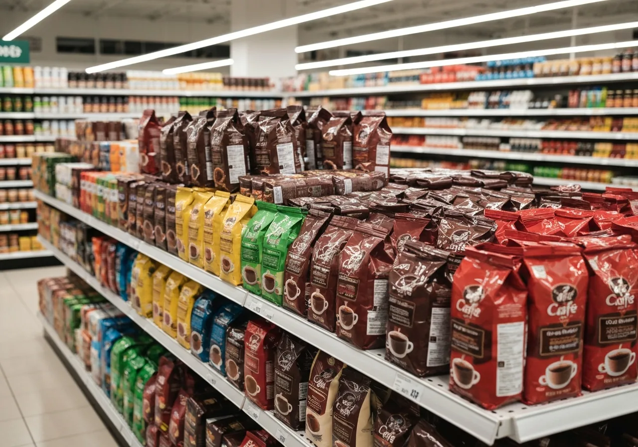 Prateleira de supermercado cheia de pacotes de café
