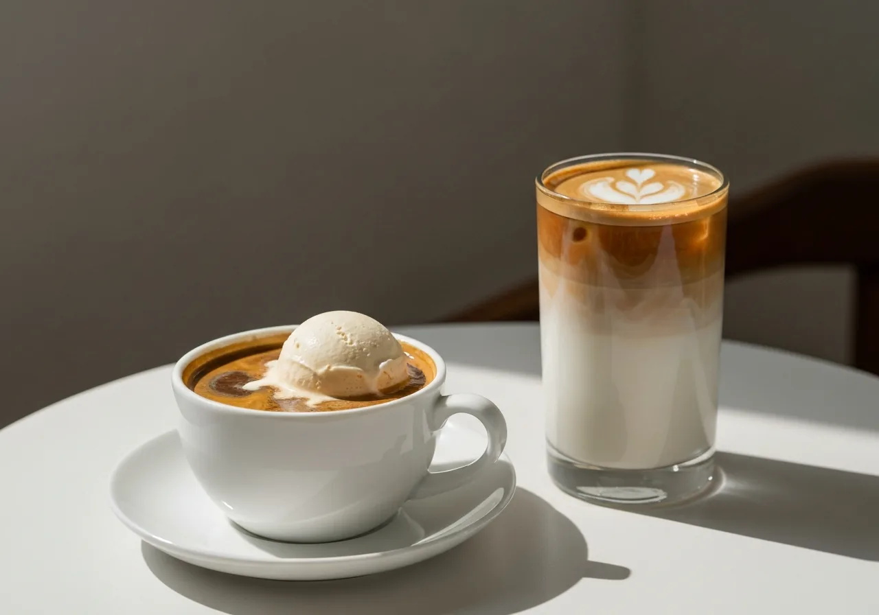 Sobremesas com café: affogato e café gelado em camadas