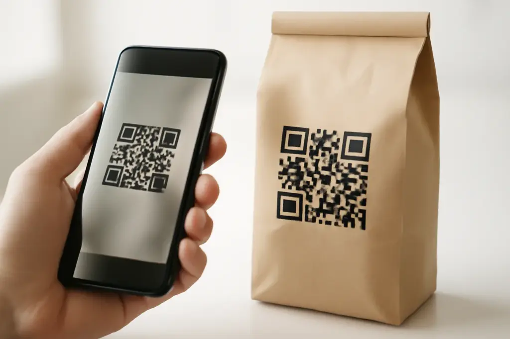 Mão escaneando o QR code de um pacote de café com o celular