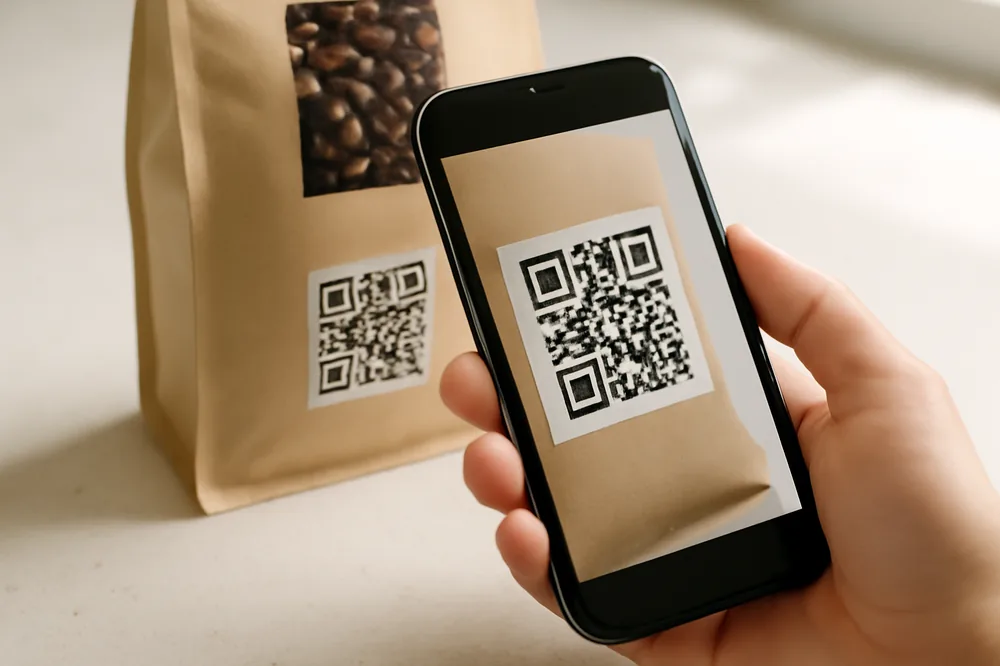 Celular lendo o QR code de uma embalagem de café
