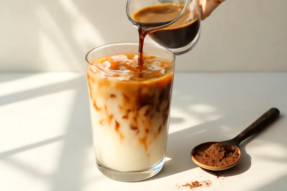 Café gelado criativo sendo preparado com espresso sobre leite e gelo