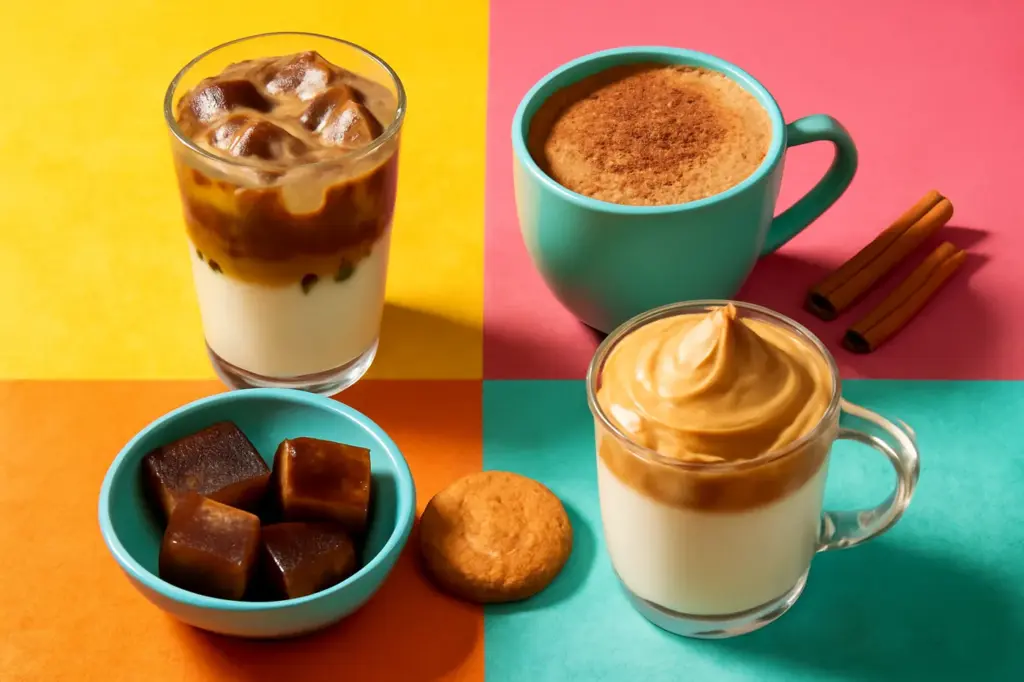 Mesa com várias receitas criativas de café: gelado em camadas, especiarias e cubos