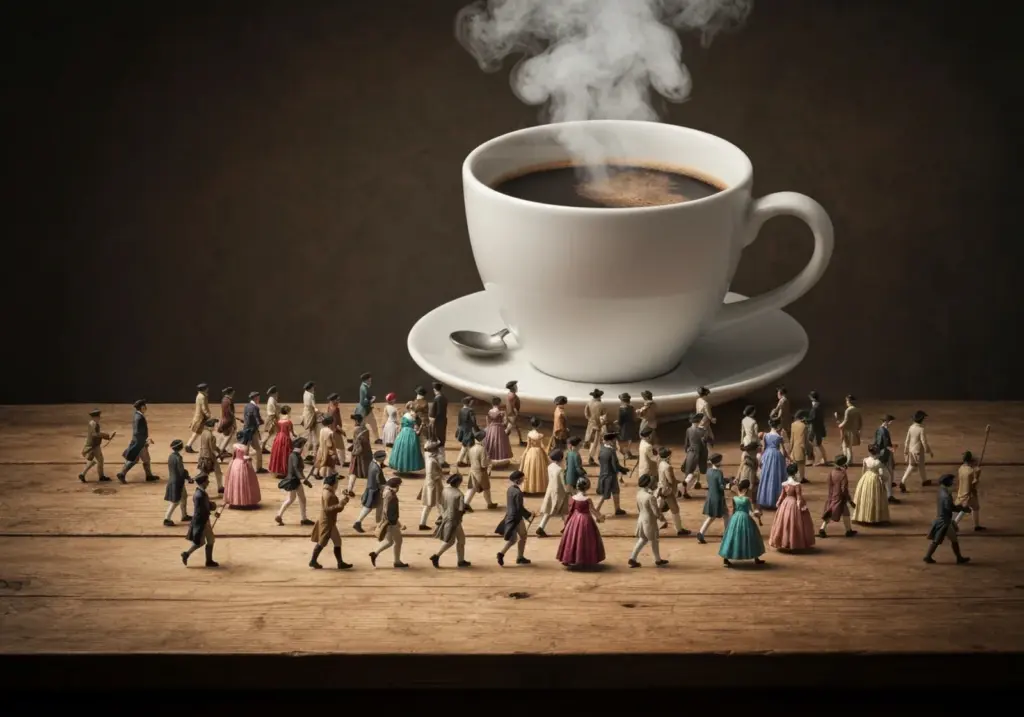 Miniaturas de pessoas do século XVIII marchando sobre uma mesa em direção a uma xícara de café gigante