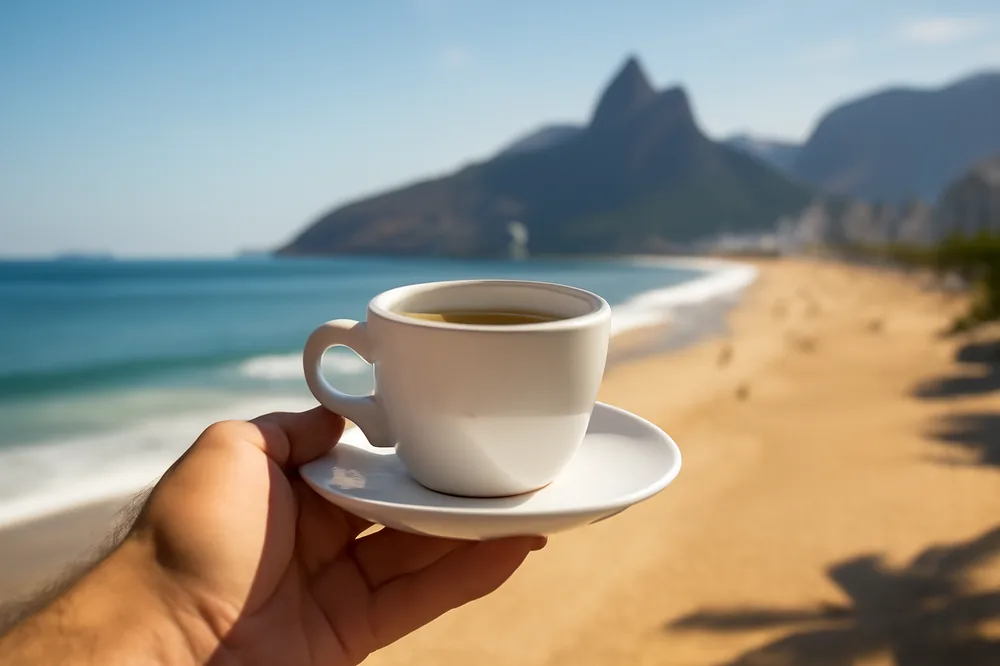 Mão segurando um café com a orla do Rio ao fundo
