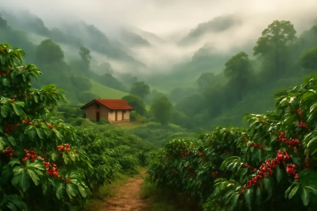 Pequena lavoura de café em montanha enevoada da serra fluminense com frutos vermelhos