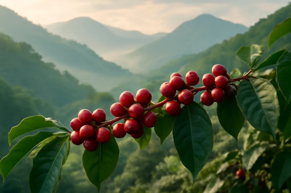 Frutos vermelhos de café num ramo com a serra fluminense ao fundo