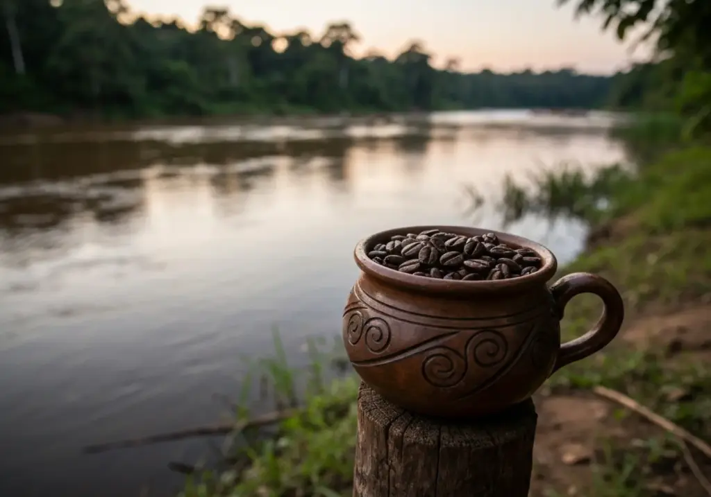 Caneca de barro entalhada cheia de grãos de café à beira de um rio na Amazônia ao amanhecer
