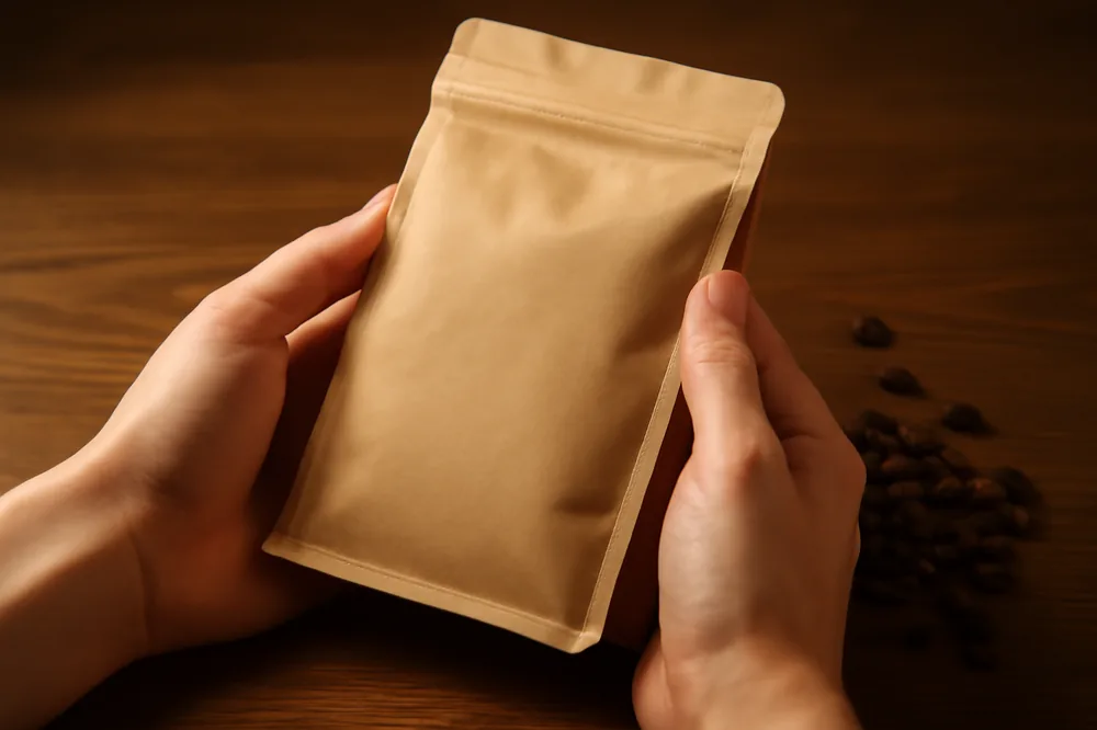 Mãos girando um pacote de café para ler o verso do rótulo