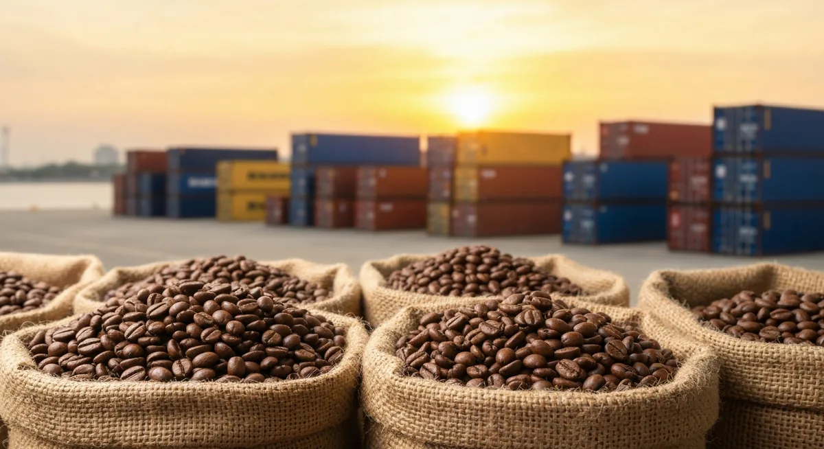 Sacas de café em primeiro plano com porto de containers ao fundo