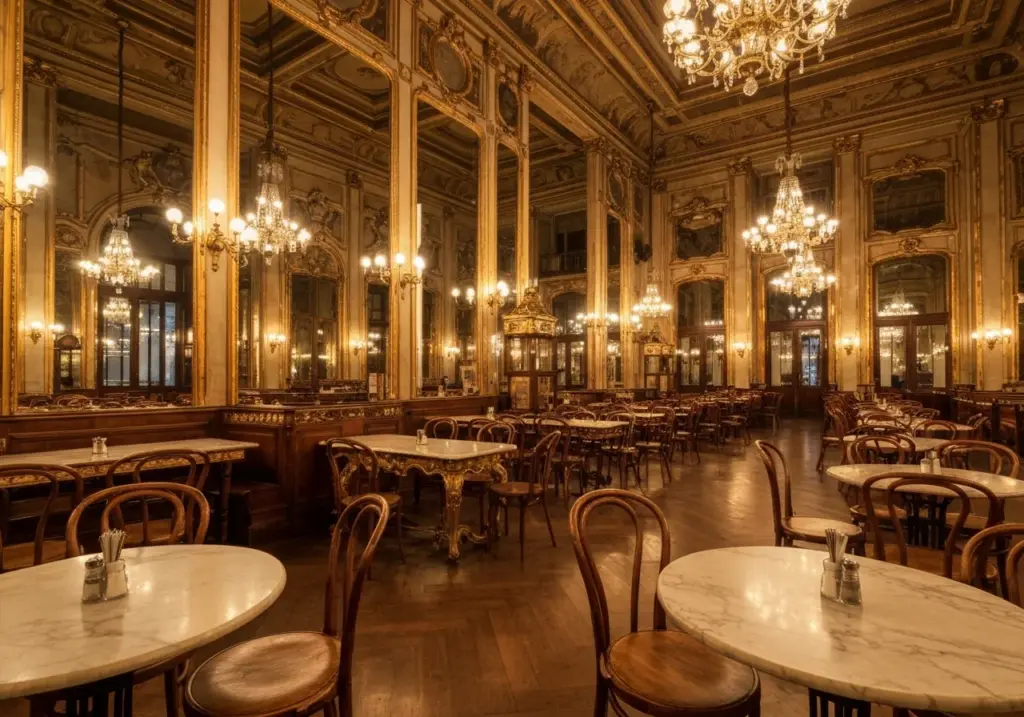 Salão de café europeu histórico com mesas de mármore, espelhos dourados e lustres