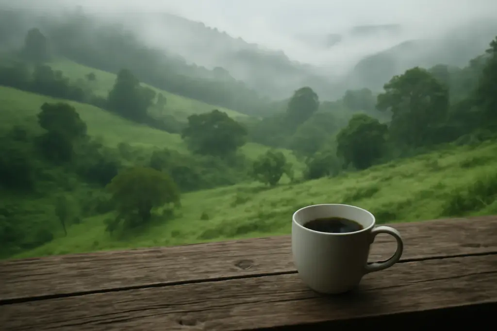 Encosta verde enevoada do sul do Brasil com uma xícara de café numa mesa rústica