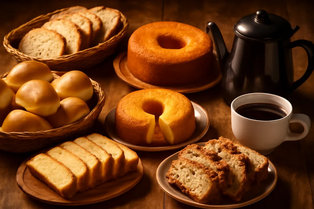 Mesa de café colonial farta com pães, bolos e café