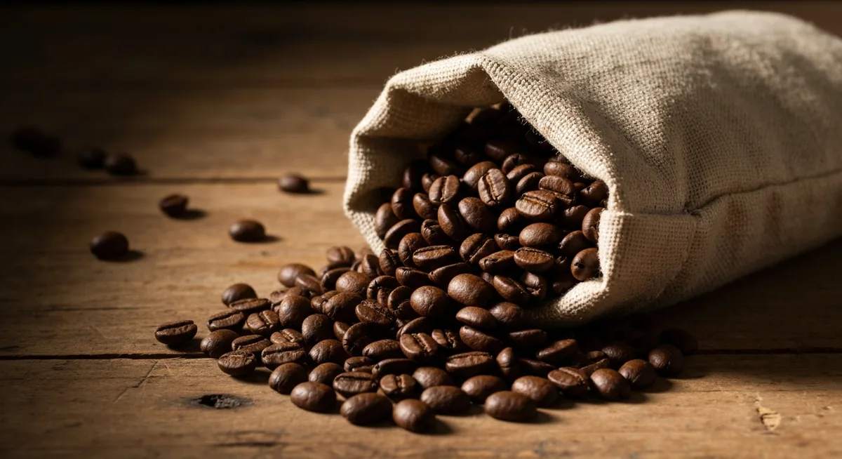 Grãos de café derramando de saquinho de algodão sobre mesa rústica