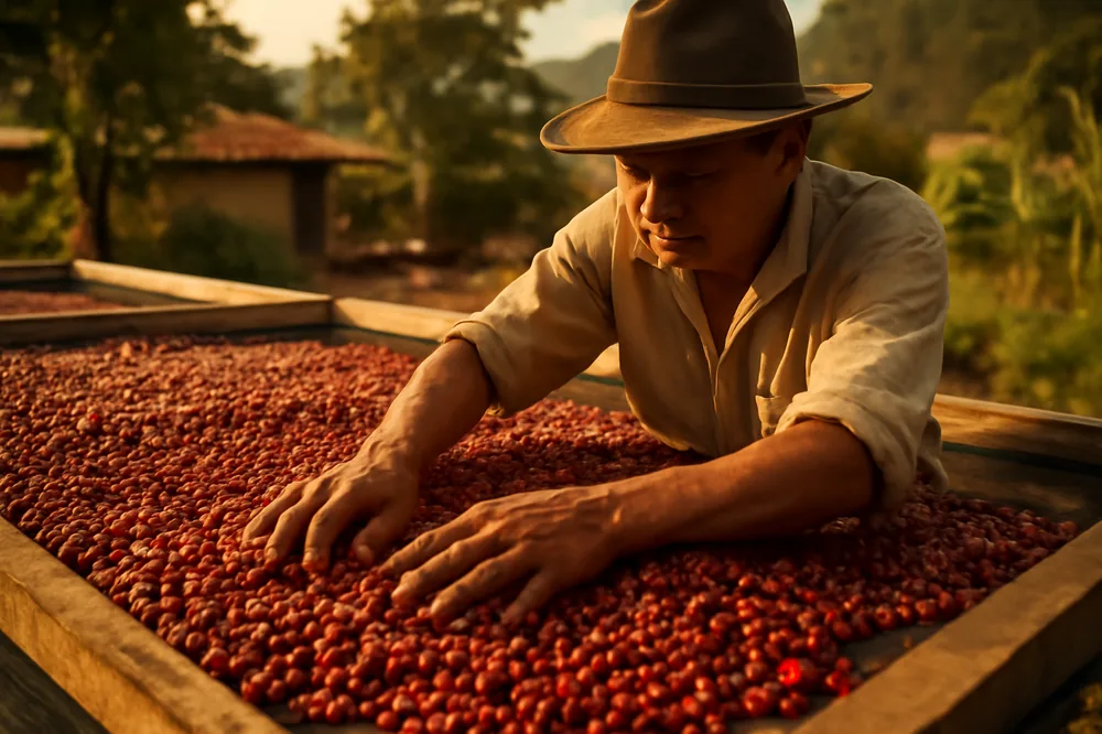 Pequeno produtor espalhando frutos de café para secar num terreiro suspenso