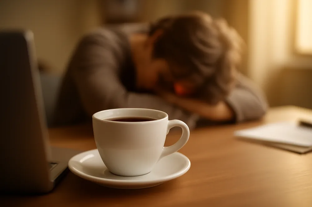 Xícara de café numa mesa com pessoa sonolenta ao fundo