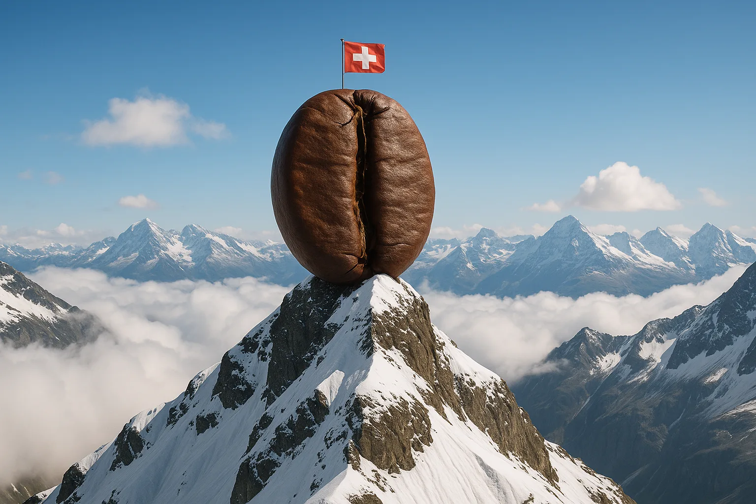 Grão de café gigante no topo de uma montanha nevada com bandeira da Suíça