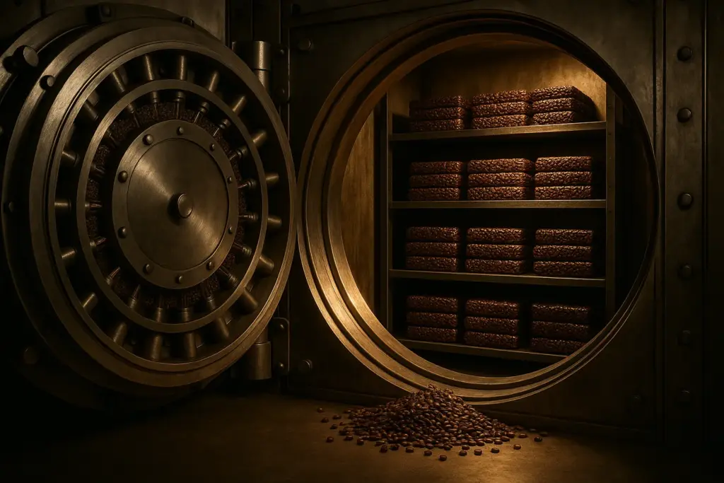 Cofre de banco aberto com grãos de café empilhados como barras de ouro