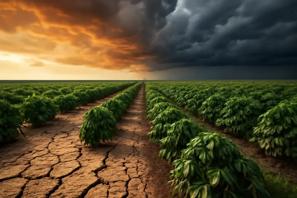 Céu dividido sobre uma lavoura de café: de um lado seca, do outro tempestade
