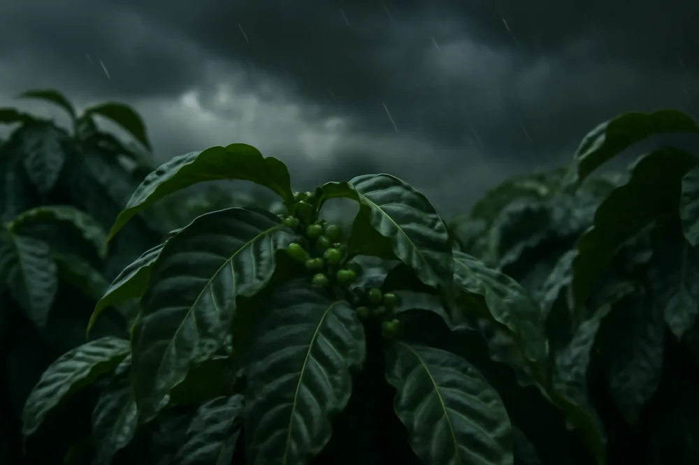 Lavoura de café sob nuvens carregadas de tempestade