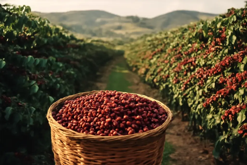 Lavoura de café ensolarada carregada de frutos vermelhos maduros até as colinas
