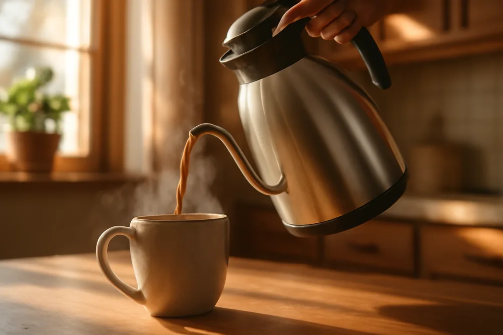 Garrafa térmica servindo café quente numa caneca com vapor