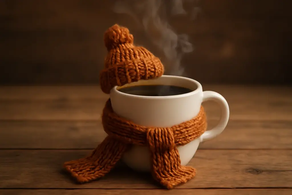 Xícara de café quente usando um cachecol de tricô, conceito lúdico de manter o café aquecido