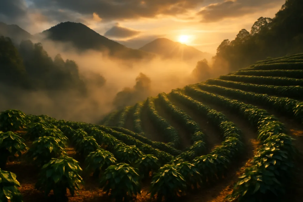 Lavoura de café em encostas de montanha ao amanhecer