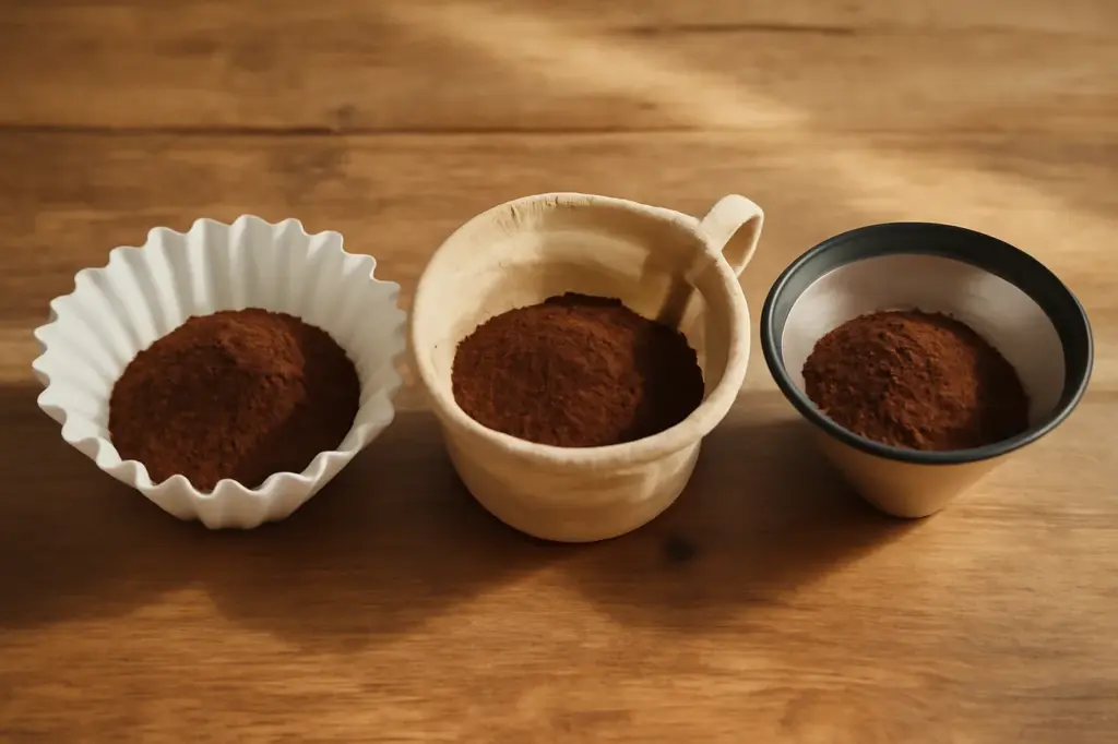 Filtro de papel, coador de pano e filtro permanente de metal lado a lado com pó de café
