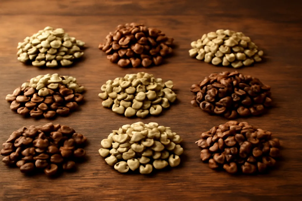 Diferentes tipos de grãos de café verdes e torrados em montinhos numa mesa