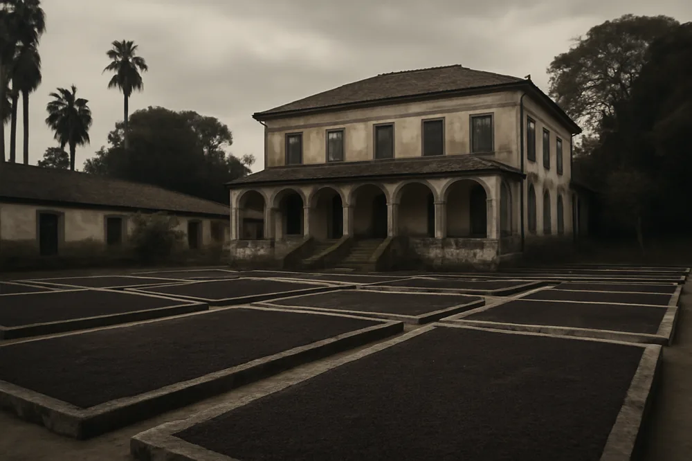 Terreiro antigo de fazenda de café com o casarão colonial ao fundo