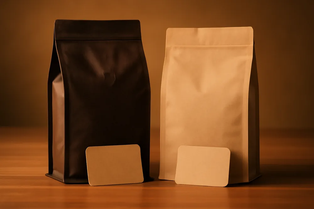 Dois pacotes de café lado a lado com etiquetas de preço em branco