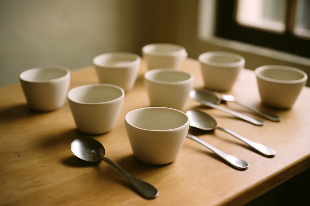 Xícaras alinhadas para uma prova de café com colheres de degustação