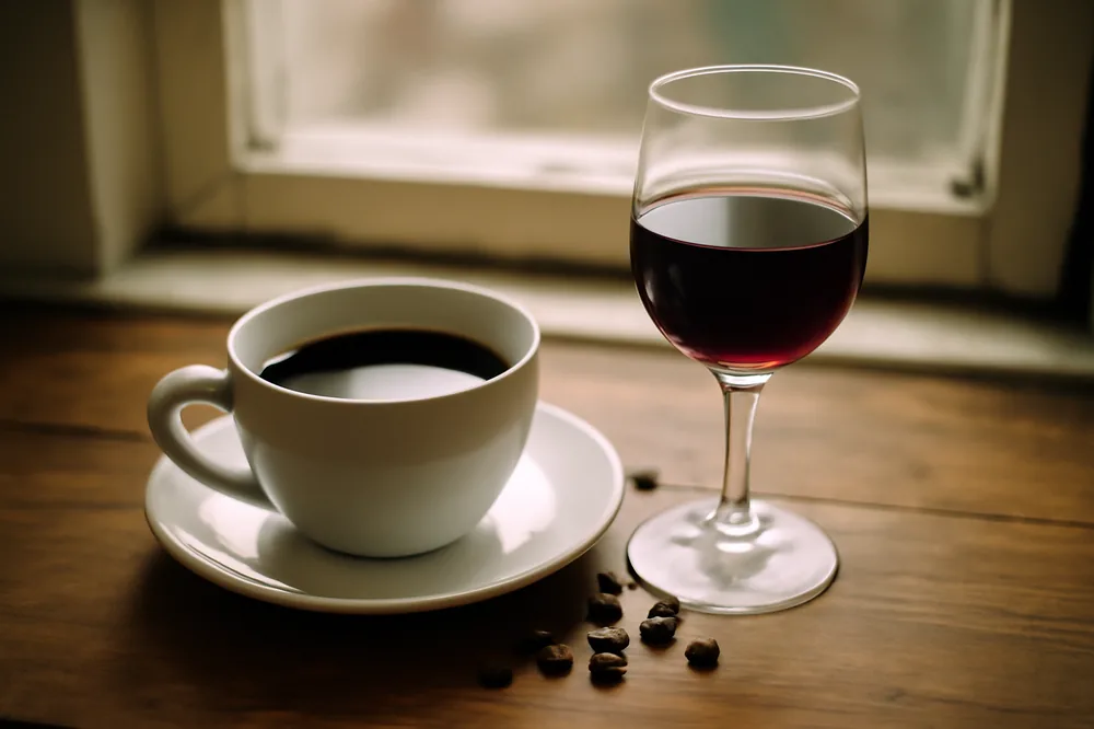 Xícara de café e taça de vinho lado a lado com grãos entre elas