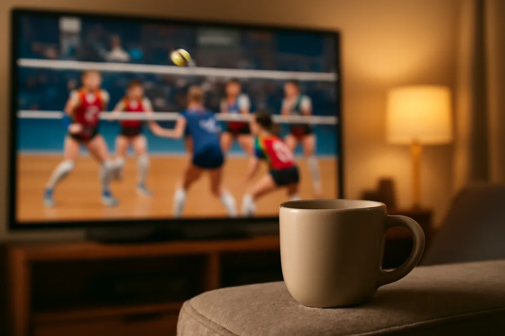 Caneca de café no braço do sofá com uma partida de vôlei feminino na TV ao fundo