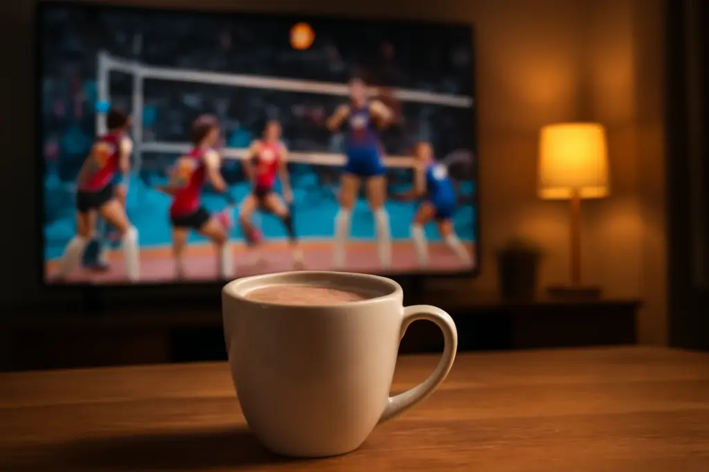 Xícara de café sobre a mesa em frente a uma TV mostrando uma partida de vôlei feminino