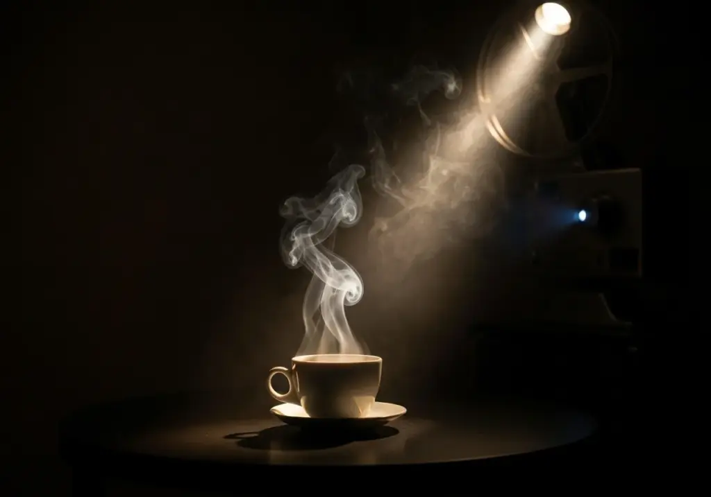 Xícara de café sobre mesa escura com feixe de luz de projetor atravessando a fumaça